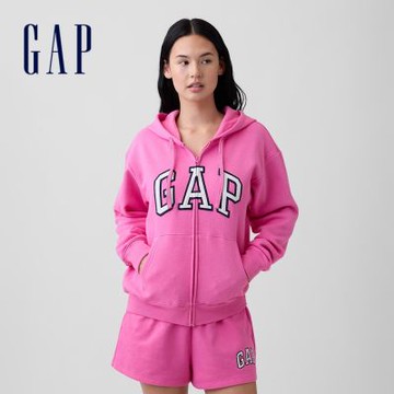 【GAP】寬鬆 Gap Logo 拉鍊連帽運動衫-珊瑚粉(678782)
