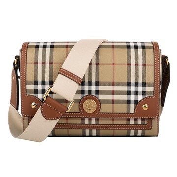 BURBERRY 巴寶莉   經典格紋PVC 磁釦斜背包(卡其x棕駝)小
