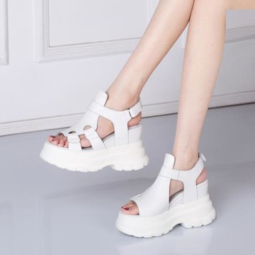 10CM超高跟坡跟女鞋夏季厚底魔術貼休閑白色涼鞋松糕底輕便老爹鞋