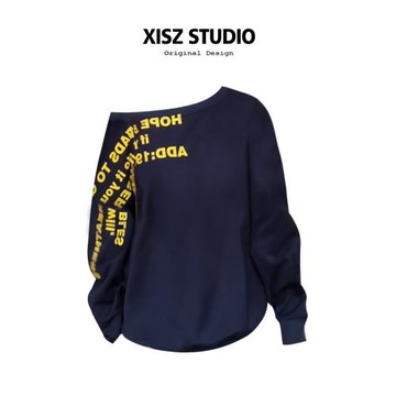 美式辣妹字母印花斜肩長袖衛衣女秋冬休閑慵懶風寬松顯瘦套頭上衣