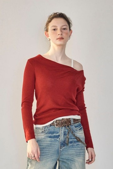 美麗諾混紡斜領長袖上衣