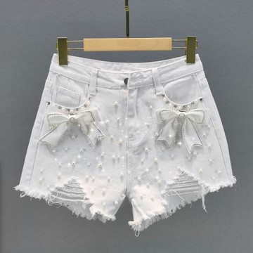 白色破洞牛仔短褲女2021夏季新款高腰寬松顯瘦歐洲站鑲鉆釘珠熱褲