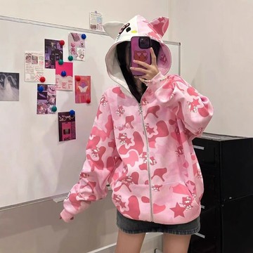 華棉美式凱蒂貓復古迷彩衛衣女春秋款寬鬆慵懶風oversize外套