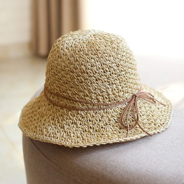 手工菠蘿鉤針蝴蝶結盆帽漁夫帽子可折疊草帽子太陽帽 女夏 遮陽帽1入