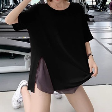 G.Store 150kg大尺碼運動上衣 寬鬆瑜伽服 夏季薄款短袖 跑步健身罩衫 舒適瑜伽服 開叉跑步運動服 短袖上衣女