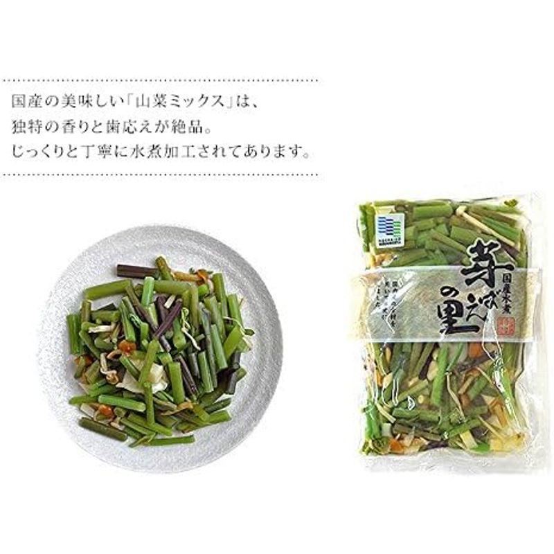 山菜ミックス 80g (みず・わらび・えのき・たけのこ・なめこが入った水煮)(芽ばえの里)山菜独特の食感と風味がたまらない国産水煮。