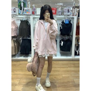 顯白粉色衛衣女春秋款設計感小眾上衣寬松慵懶風連帽薄款開衫外套