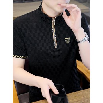 冰絲立領拉鏈polo男士格子短袖T恤修身冰感透氣衣服夏季新款體恤