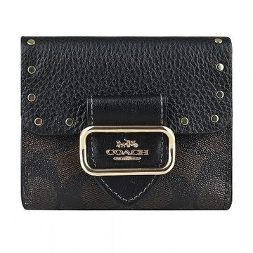 COACH MORGAN金字方形LOGO鉚釘裝飾PVC搭皮革6卡釦式短夾(黑x深棕)