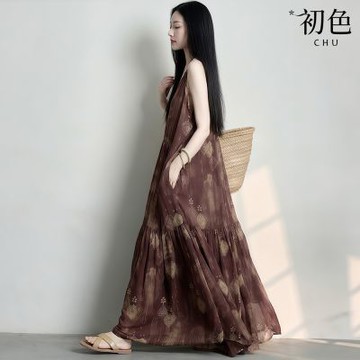 初色 波西米亞渡假風滿版印花V領無袖吊帶中長裙連衣裙連身洋裝-咖紅色-50339(M-2XL可選)