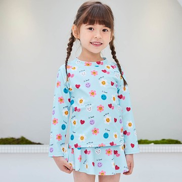 韓國 Bebechat - UPF 50+抗UV兩件式兒童泳衣/泳裝(長袖X褲裙)-微笑花朵-天藍