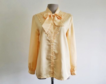 復古黃橙色領結襯衫 女款刺繡荷葉邊 聚酯纖維 上衣 XS