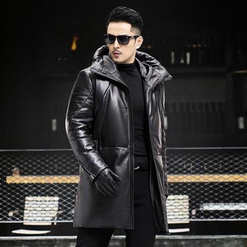 【米蘭精品】真皮皮衣外套-頭層綿羊皮中長款羽絨加厚男外套黑色74ja40