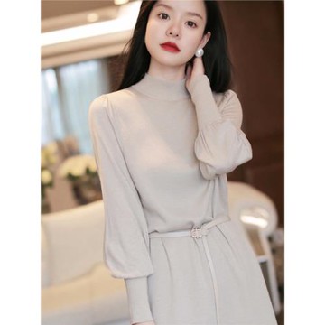 針織連衣裙OL氣質腰帶款毛衣冬打底春季中長款網紅爆款高級感裙子