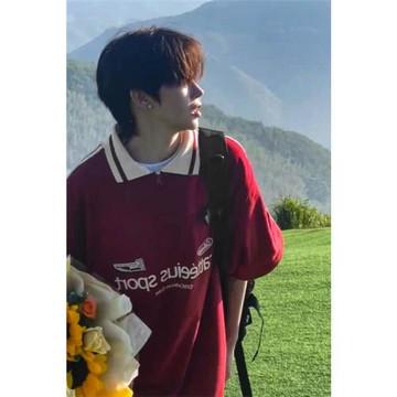 酒紅色美式復古polo衫短袖男款夏季潮牌半拉鏈t恤重磅少年感穿搭