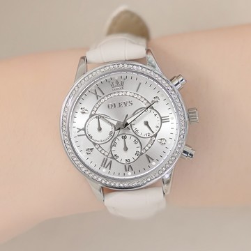 OLEVS華麗秘籍真三眼竹節紋真皮手錶【WOL2915】-銀面白帶