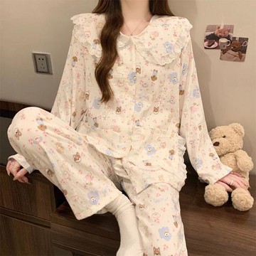 云朵棉可愛小熊睡衣女秋冬款甜美公主風長袖套裝休閑家居服可外穿