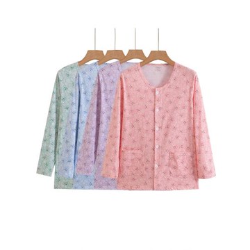 純棉長袖開衫秋衣中老年媽媽加肥加大全棉薄款居家口袋打底衫上衣