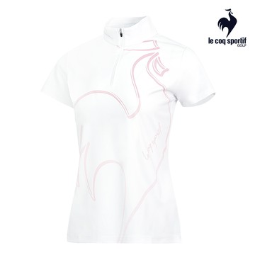 【LE COQ SPORTIF GOLF公雞高爾夫】女款白色公雞線條印花立領短袖棉衫 QLR2T204
