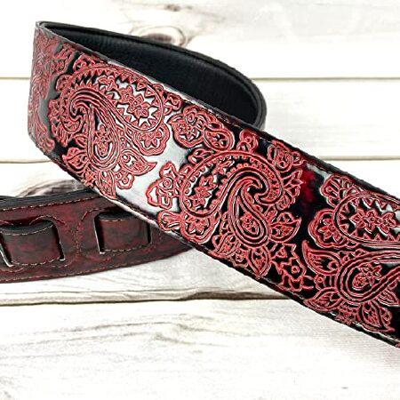 Walker Williams Handmade Fire Wine Red Padded Leather Guitar Strap with Vintage Paisley Pattern For Acoustic, Electric, And Bass Guitars GB-30