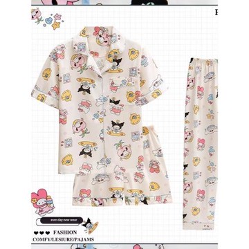 可愛小貓睡衣女夏季三件套裝可愛2026新款短袖卡通少女春秋家居服