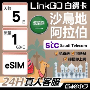 LINKGO白鑽卡 沙烏地阿拉伯 eSIM卡 5天上網卡 每日1GB 高速流量(沙烏地阿拉伯網卡 利雅德 吉達)