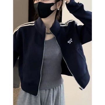 美式復古蝴蝶結刺繡外套女秋小個子立領撞色三條杠棒球服夾克上衣