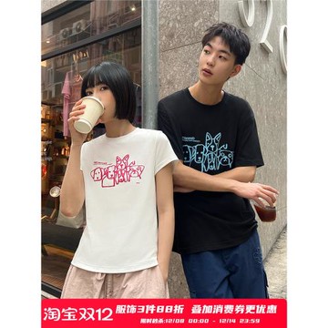 PSO Brand男女裝純棉面料發泡款涂鴉小狗微彈白色短袖T恤情侶裝