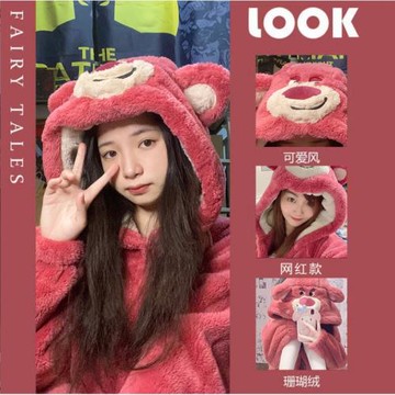 可愛卡通加厚睡袍法蘭絨少女粉加絨浴袍秋冬保暖大碼套裝學生睡衣