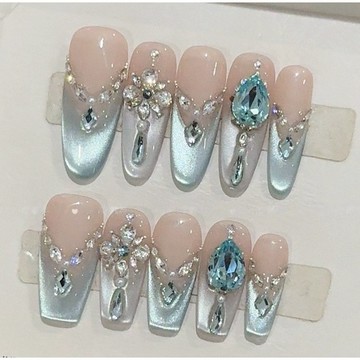 🎁帶鑽爆閃🎁【賽裏木湖】 高定貓眼 手工穿戴甲 百搭僊女款 中梯穿戴甲 高級感穿戴甲 中橢圓美甲片 長橢圓穿戴甲