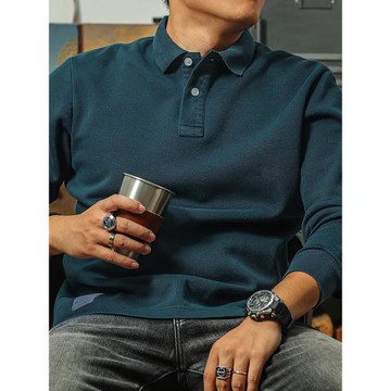 (免運)季言美式復古重磅polo衫男長袖t恤 新疆珠地棉秋季翻領休閑上衣潮