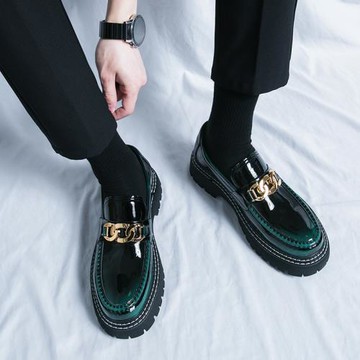 高端奢侈品皮鞋男高級感英倫內增高厚底潮流亮面一腳蹬休閑樂福鞋