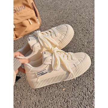 蓓爾休閑鞋女2025夏季新款奶fufu高級感女鞋小眾貝殼頭百搭小白鞋