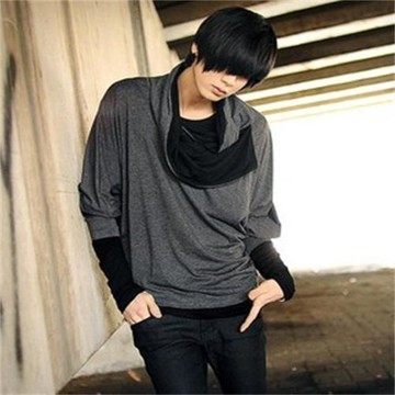 春秋韓版新款時尚潮男裝個性領子蝙蝠衫青年長袖T恤寬松大碼外穿t