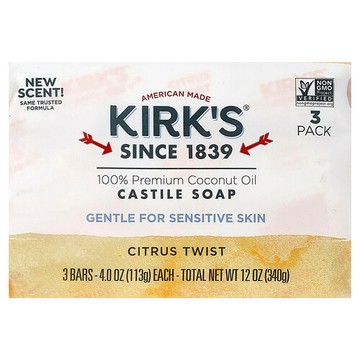 Kirk's, 全優質椰子油卡斯提爾皁條，柑橘風味，3 條，每條 4 盎司（113 克）