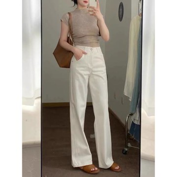 白色闊腿直筒牛仔褲女2025年春秋新款小個子女士窄版高腰垂感褲子