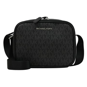 MICHAEL KORS COOPER 經典印花LOGO雙層拉鍊斜背小包.黑灰