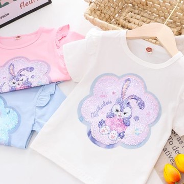 兒童亮片可變圖案衣服星黛露童裝短袖女童T恤夏季白色愛莎上衣