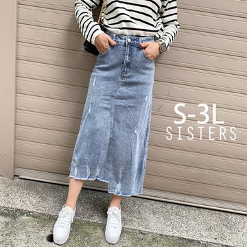 SISTERS 俐落顯瘦的丹寧拚色直筒寬褲 牛仔褲/S-3L(下著/長褲/顯瘦/女裝/寬褲/加大/丹寧)