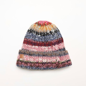 藍粉色配色雜彩線氣質翻邊堆堆帽冷帽羊毛帽純羊毛線手工編織半襯