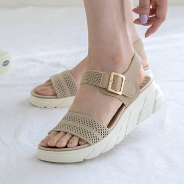 韓國 PINKELEPHANT - 防水X防滑彈性寬帶輕量厚底涼鞋(5cm)-淺卡其