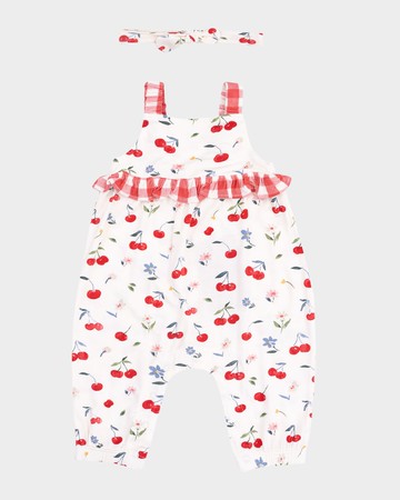 Girl's Watercolor Cherries Printed Romper W/ Knot Headband, Size Newborn-24M