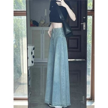 淺藍色闊腿毛邊牛仔褲女夏季新款高腰顯瘦設計感垂感拖地褲子ins