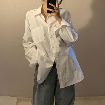 長袖襯衫女2022年春秋新款高腰寬松韓版中長款氣質別致百搭上衣服