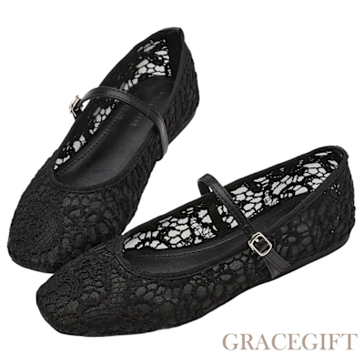 【Grace Gift】古典浪漫蕾絲繡花平底瑪莉珍芭蕾舞鞋 黑