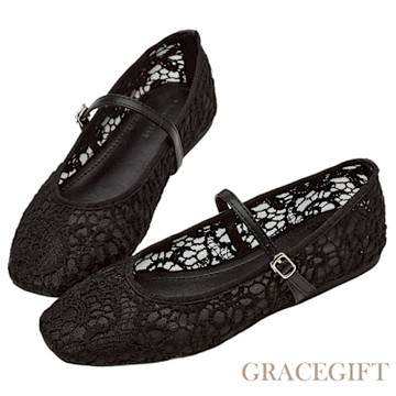 【Grace Gift】古典浪漫蕾絲繡花平底瑪莉珍芭蕾舞鞋 黑