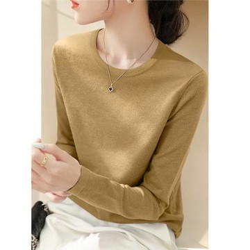 高級感慵懶風圓領套頭長袖針織上衣春季新款時尚修身內搭女打底衫