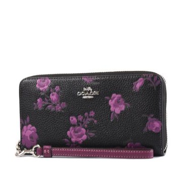 COACH 立體浮雕花卉荔枝紋手掛式拉鍊長夾-黑/紫