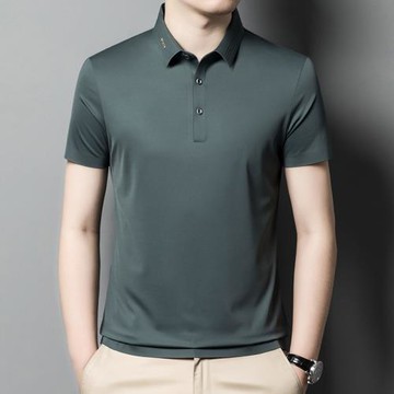 夏季無痕冰絲短袖t恤男翻領純色桑蠶絲半袖polo衫寬松體恤爸爸裝