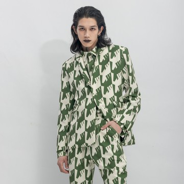 INF 烏鴉千鳥印花西裝外套 / 橄欖綠